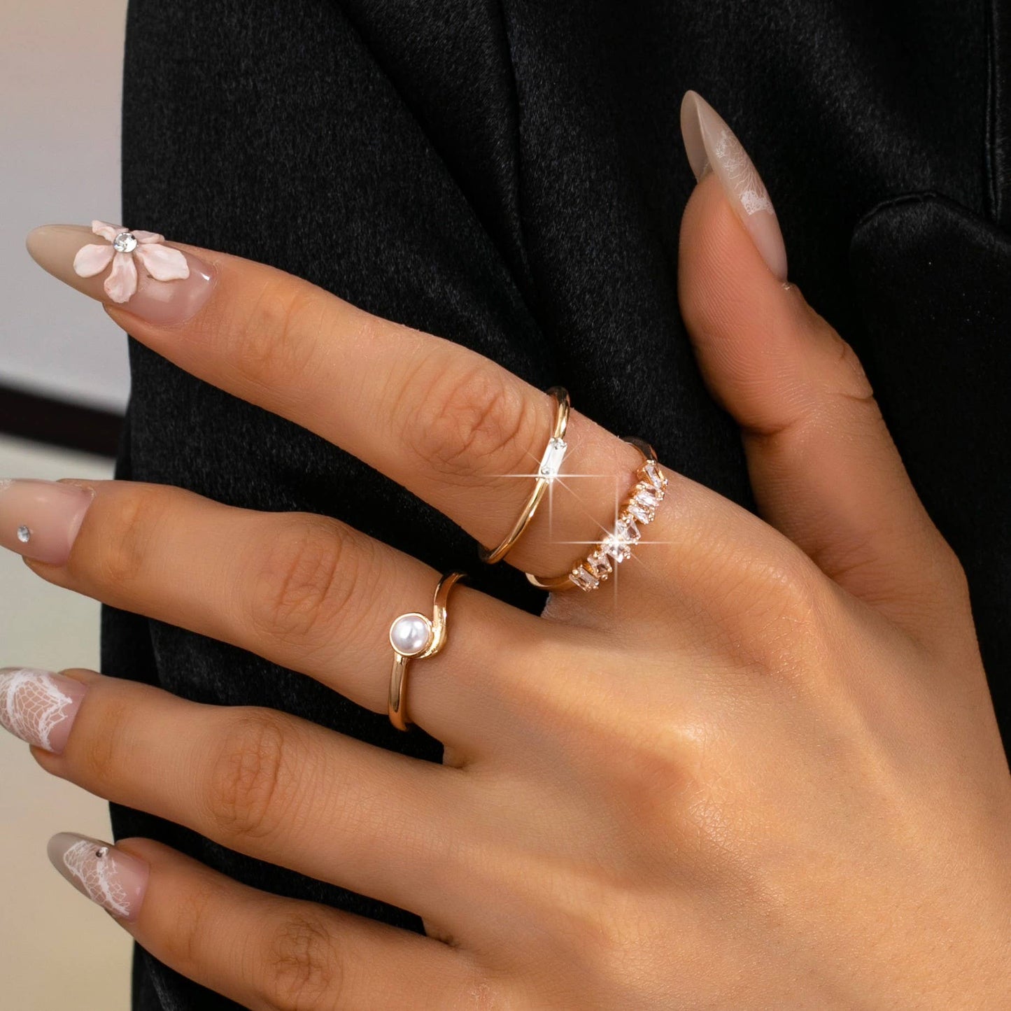 Pearl & Crystal Delicate Gold Ring Trio | 80R159