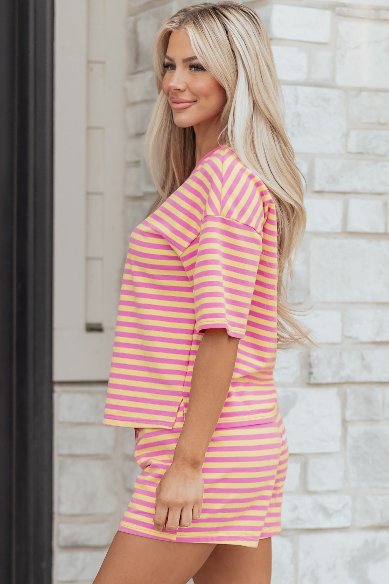 Rose Stripe Drop Shoulder Boxy Casual Terry Short Set