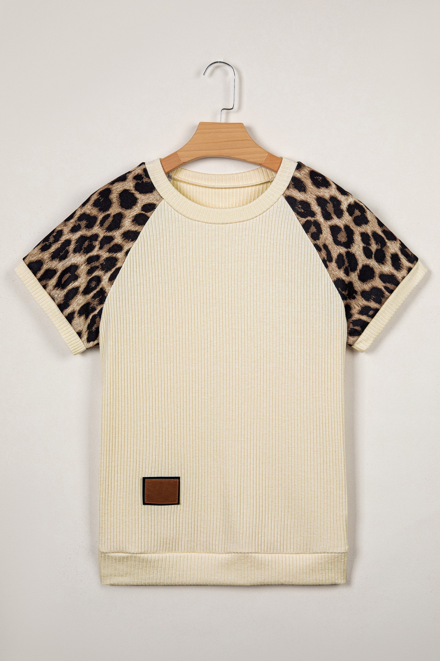 Apricot Ribbed Color Block Leopard Contrast Sleeve Loose Tee