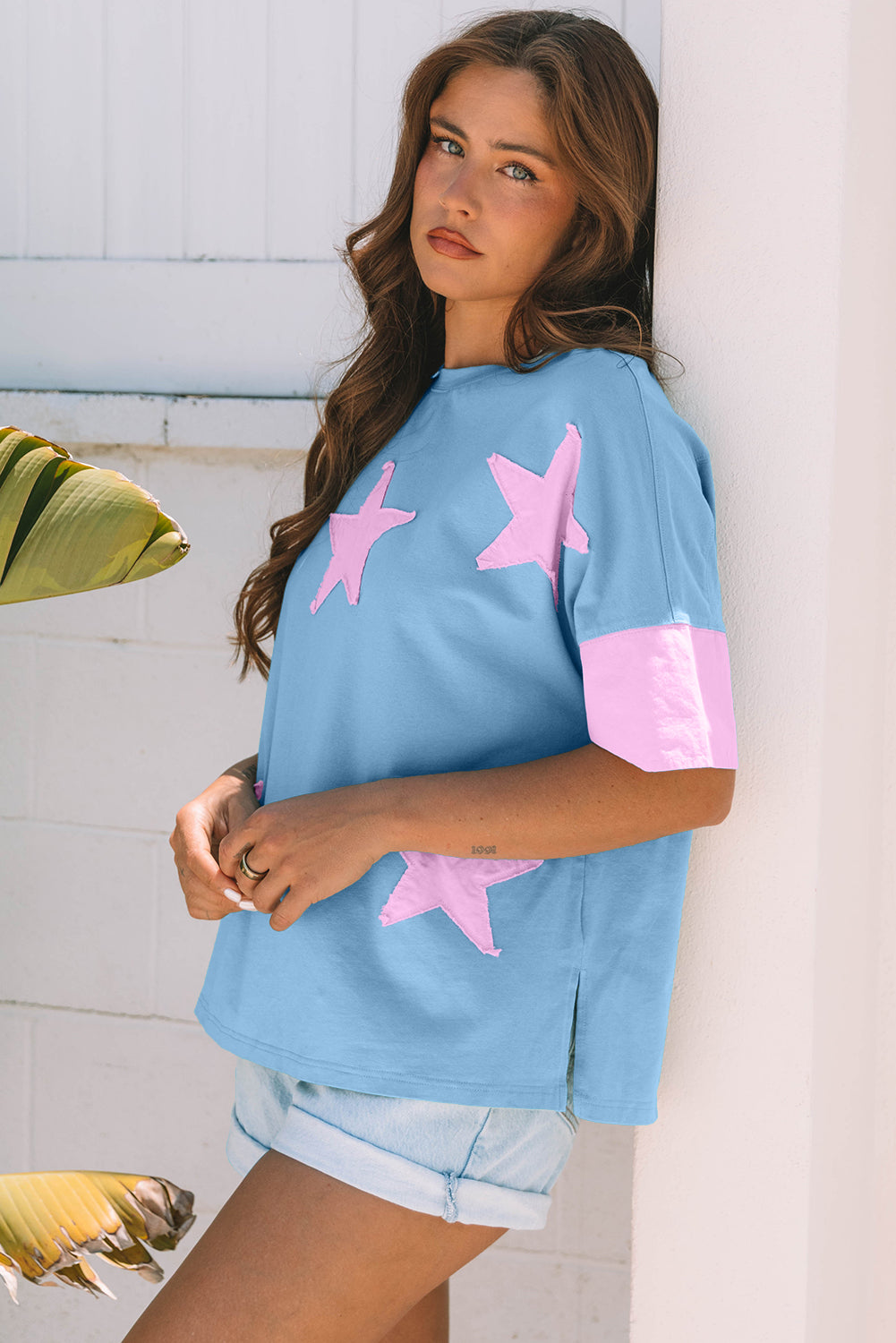 Smoke Green Frayed Denim Star Patched Oversize T Shirt