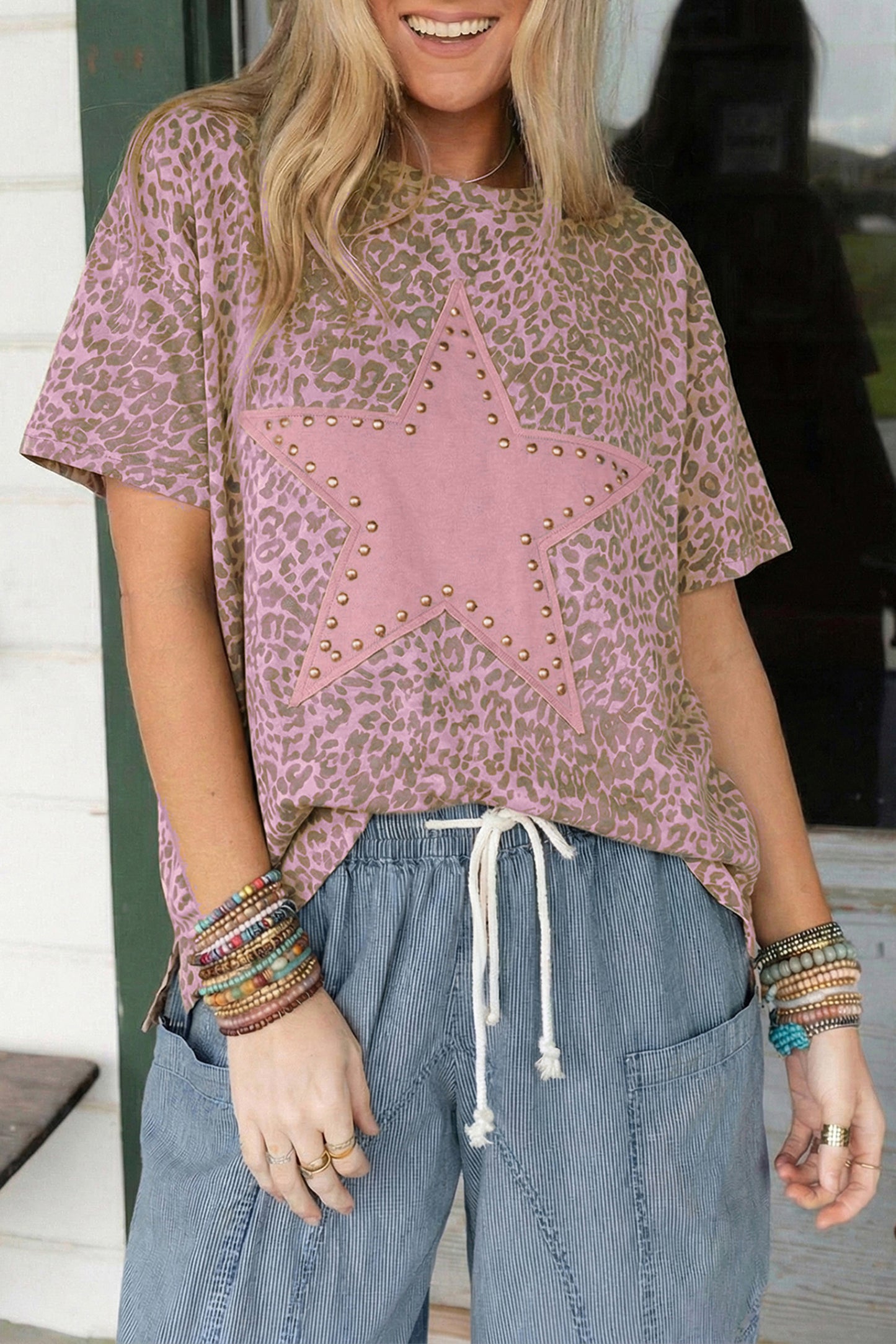 Leopard Retro Studded Star Patch Loose Tee