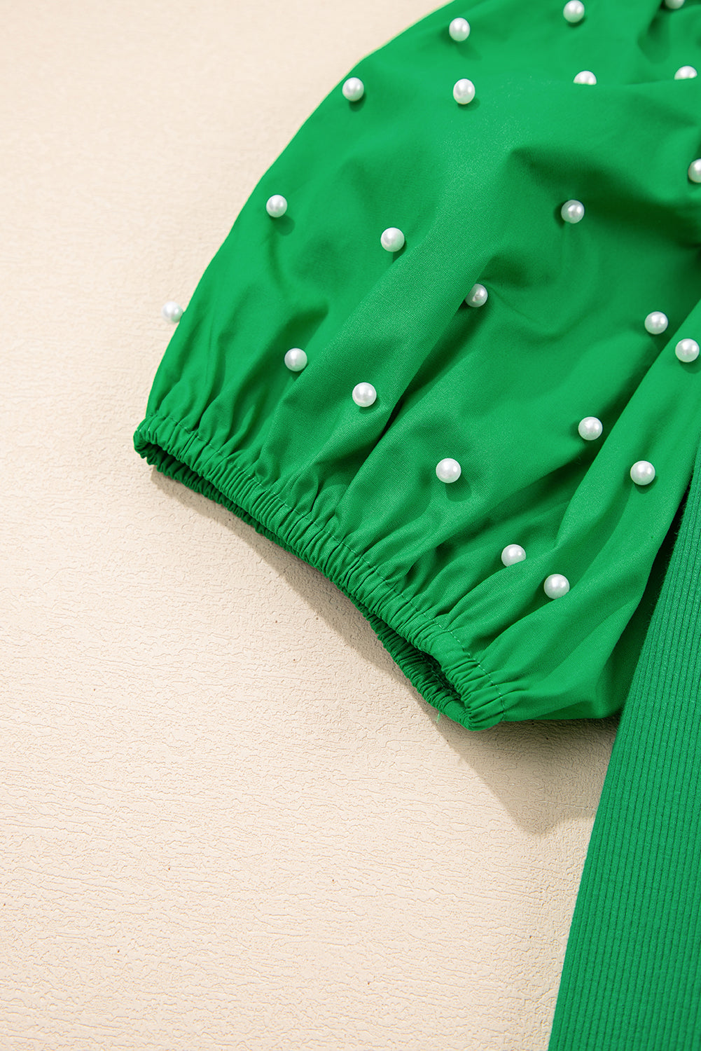 Bright Green Ribbed Pearl Beaded Puff Sleeve Top