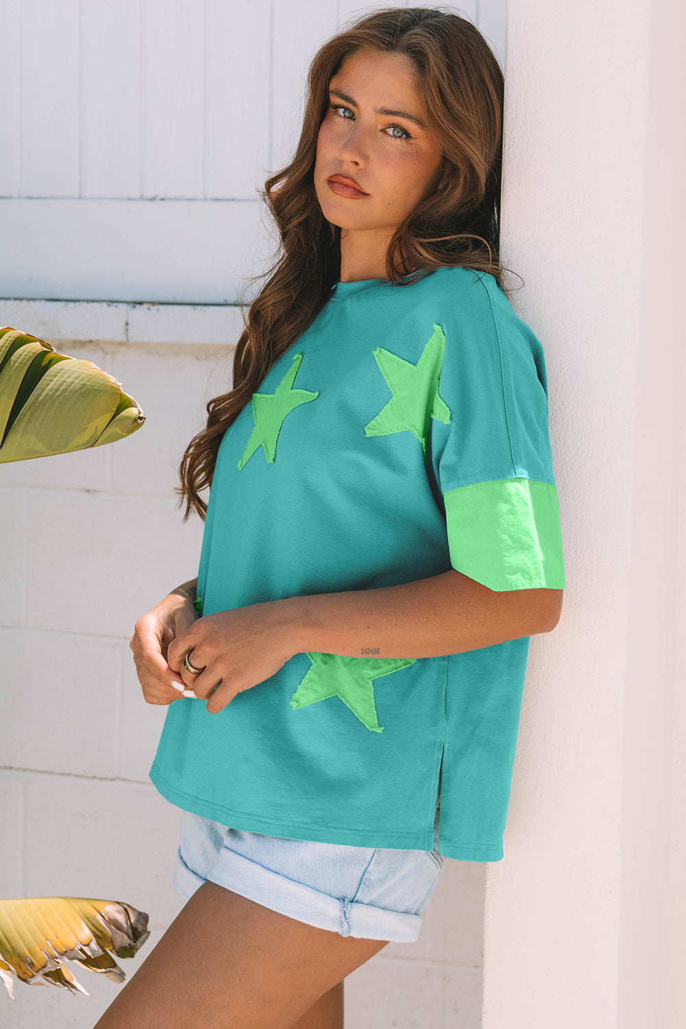 Smoke Green Frayed Denim Star Patched Oversize T Shirt