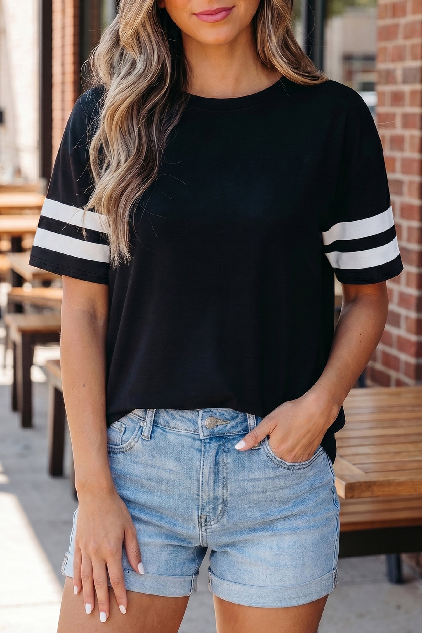 Dark Blue Varsity Striped Short Sleeve Crew Neck T Shirt