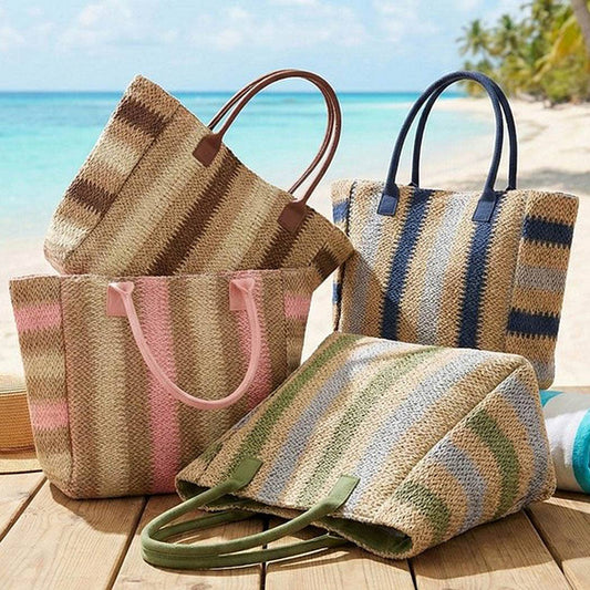 Natural Brown Multi Color Stripe Straw Tote Bag