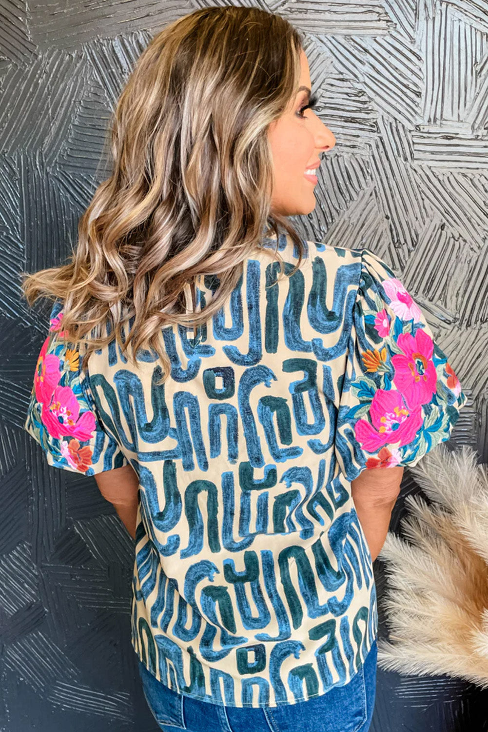 Embroidered Puff Sleeve Frilled Neck Printed Top