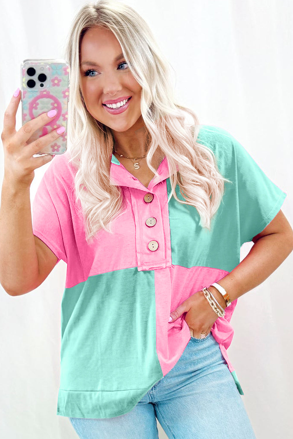 Two Tone Half Buttons Collared T Shirt