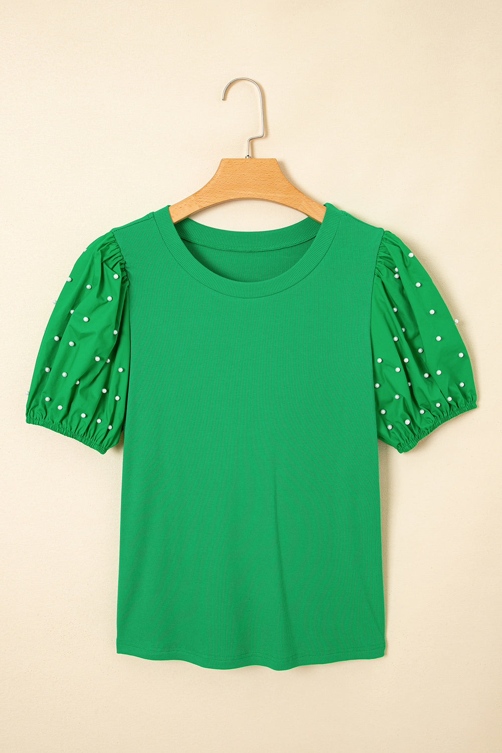 Bright Green Ribbed Pearl Beaded Puff Sleeve Top