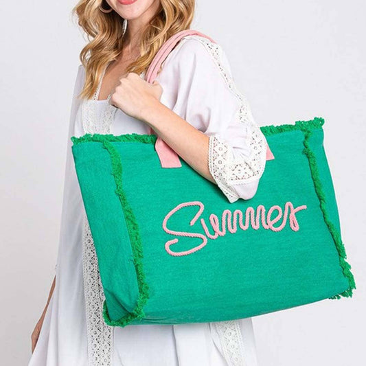 SEWN ROPE SUMMER LETTER FRINGED CANVAS BAG