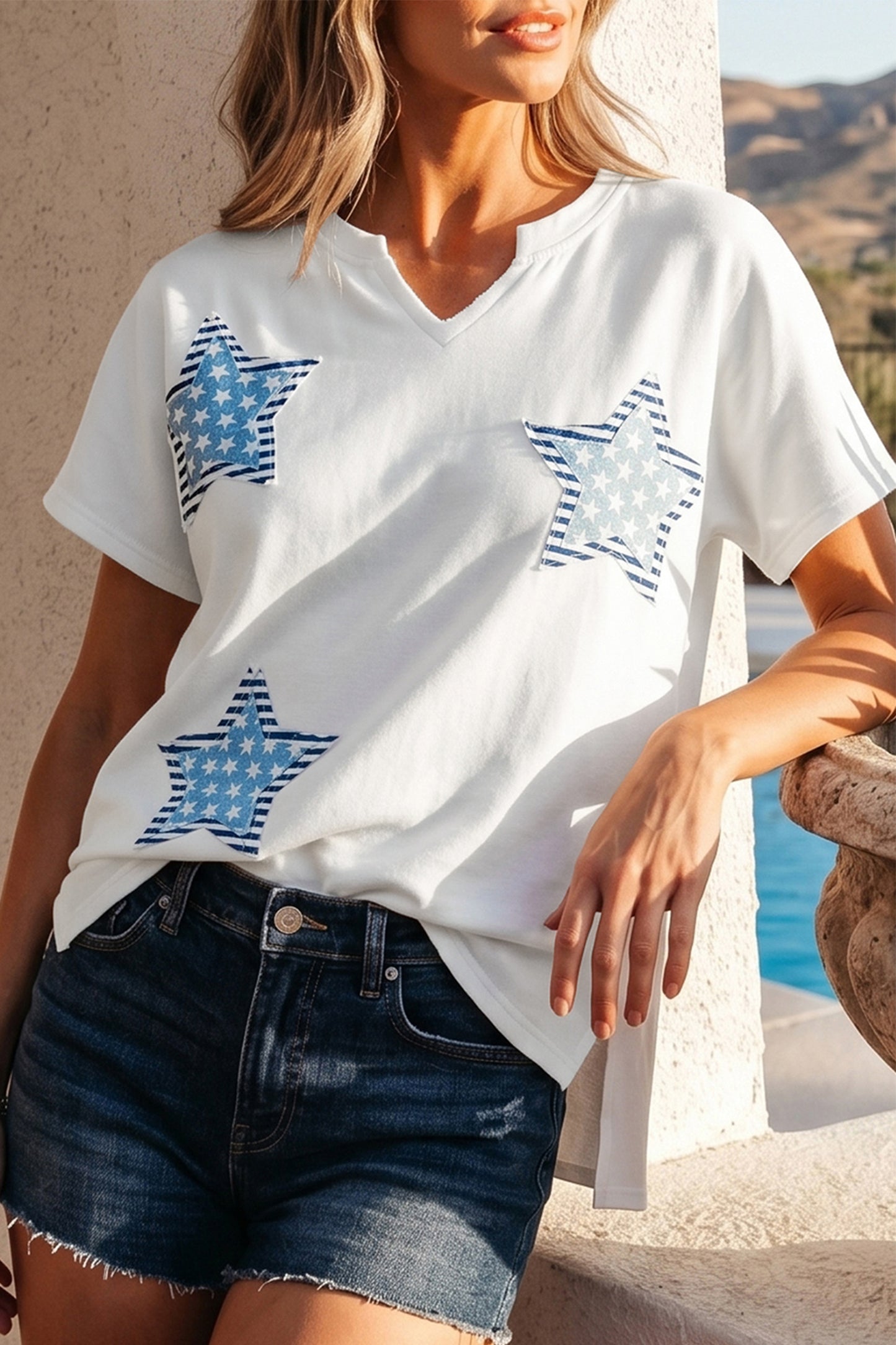 Sky Blue Patriot Star Patched Notched Neck Mineral Washed Tee