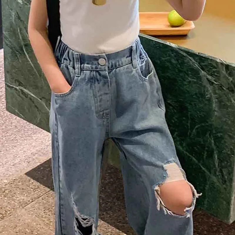 Girls Pants Personality Ripped Wide Leg Jeans