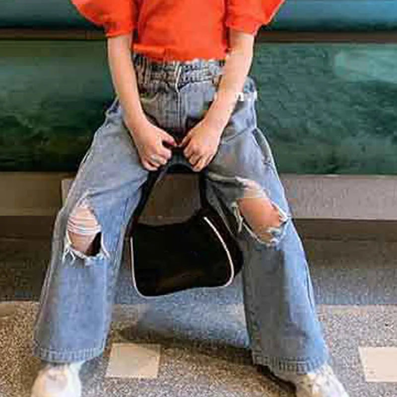 Girls Pants Personality Ripped Wide Leg Jeans
