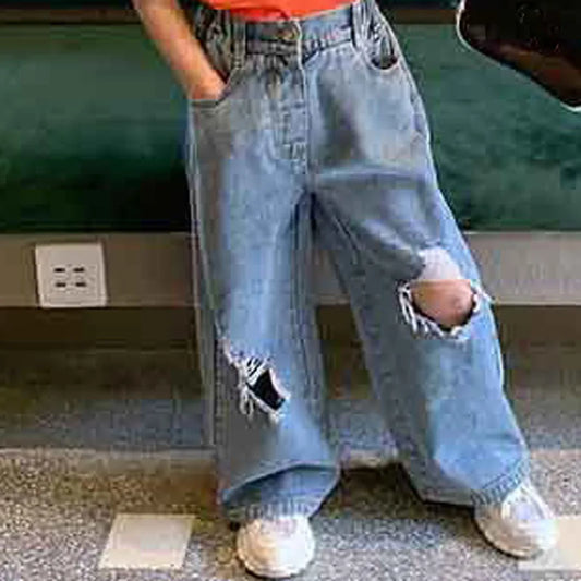 Girls Pants Personality Ripped Wide Leg Jeans
