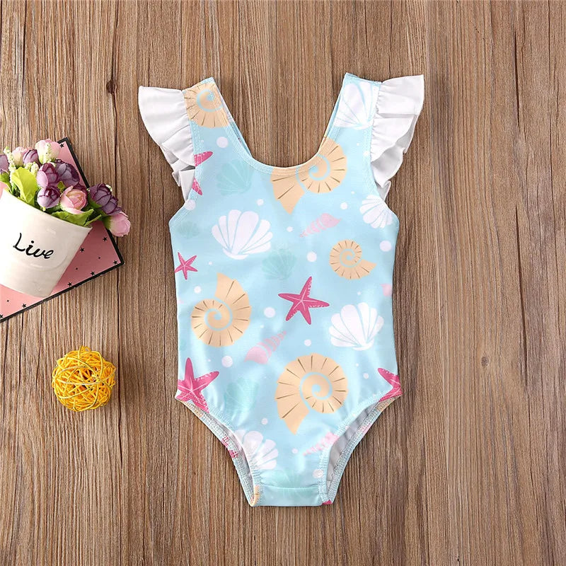0-36 Months Newborn Baby Kid Girls Swimsuit Bow Ruffles Shell Starfish Print Swimwear For Girls Summer Baby Girl Bathing Suit