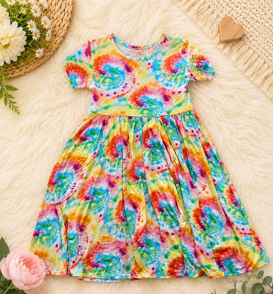Girls Posh Peanut Bamboo Rainbow Tie-Dye Twirl Dress Size 10