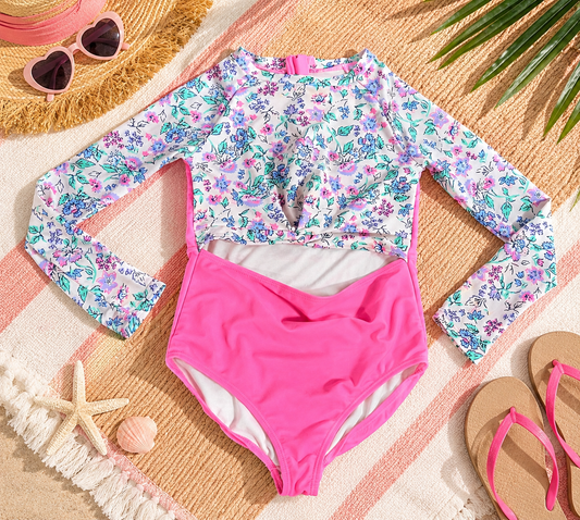 Girls Floral Long-Sleeve Rash Guard Swimsuit Size L