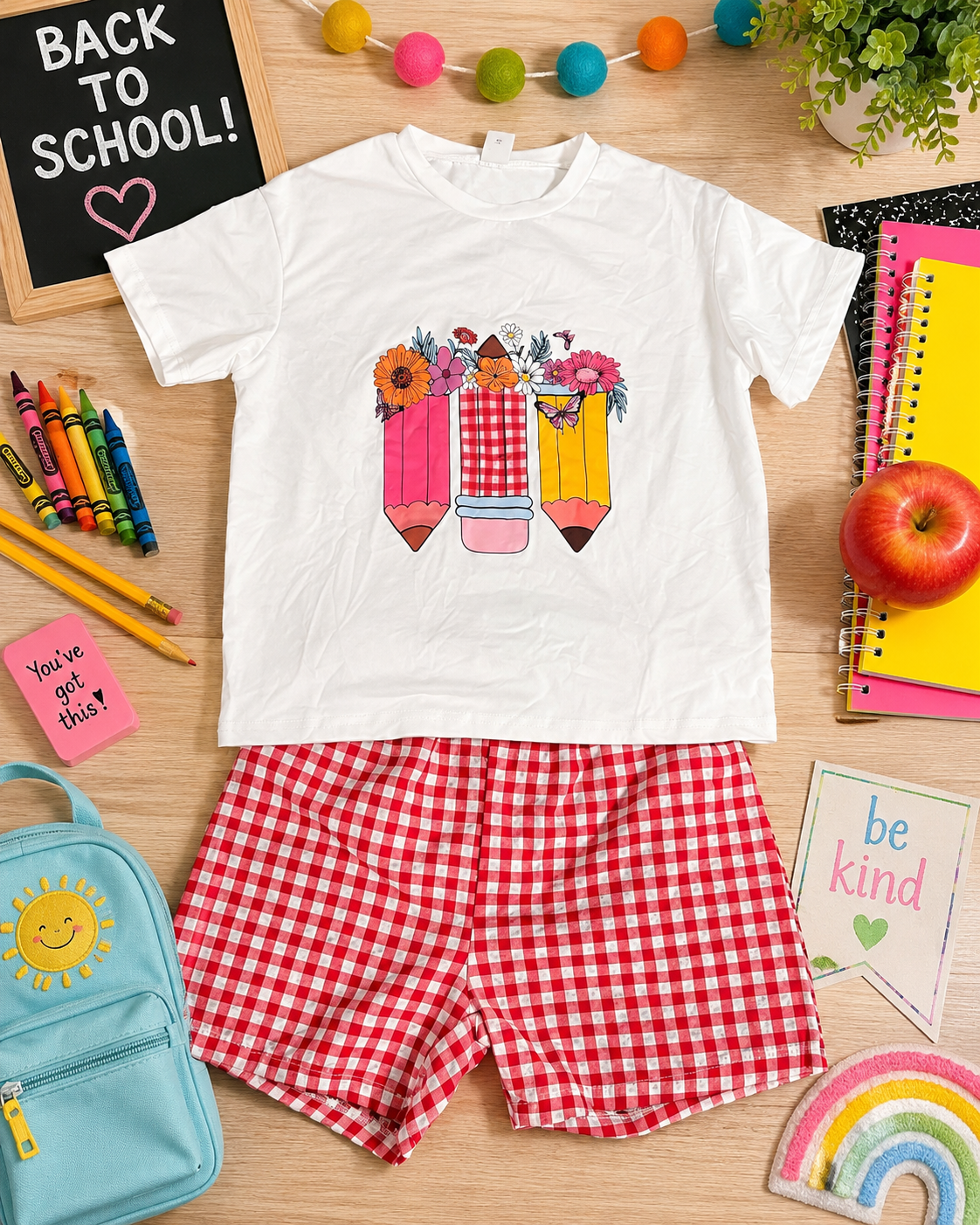 Girls SHEIN Back-to-School Pencil & Gingham Short Set Size 7Y