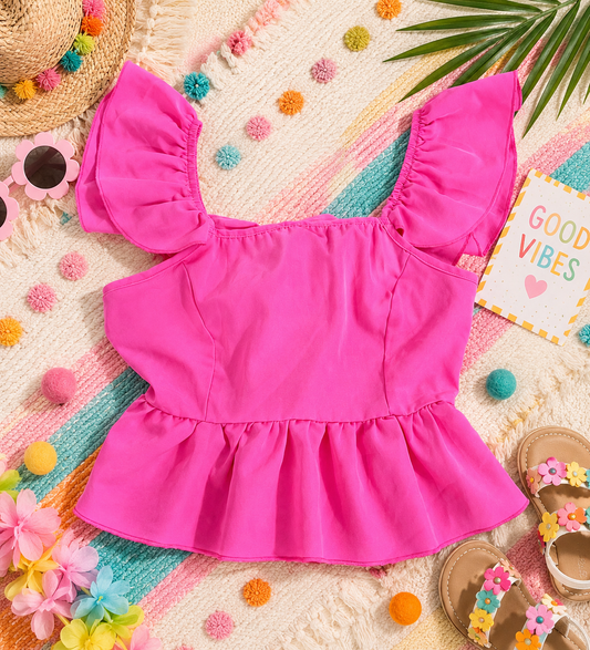 SHEIN Girls Hot Pink Bow-Back Peplum Top