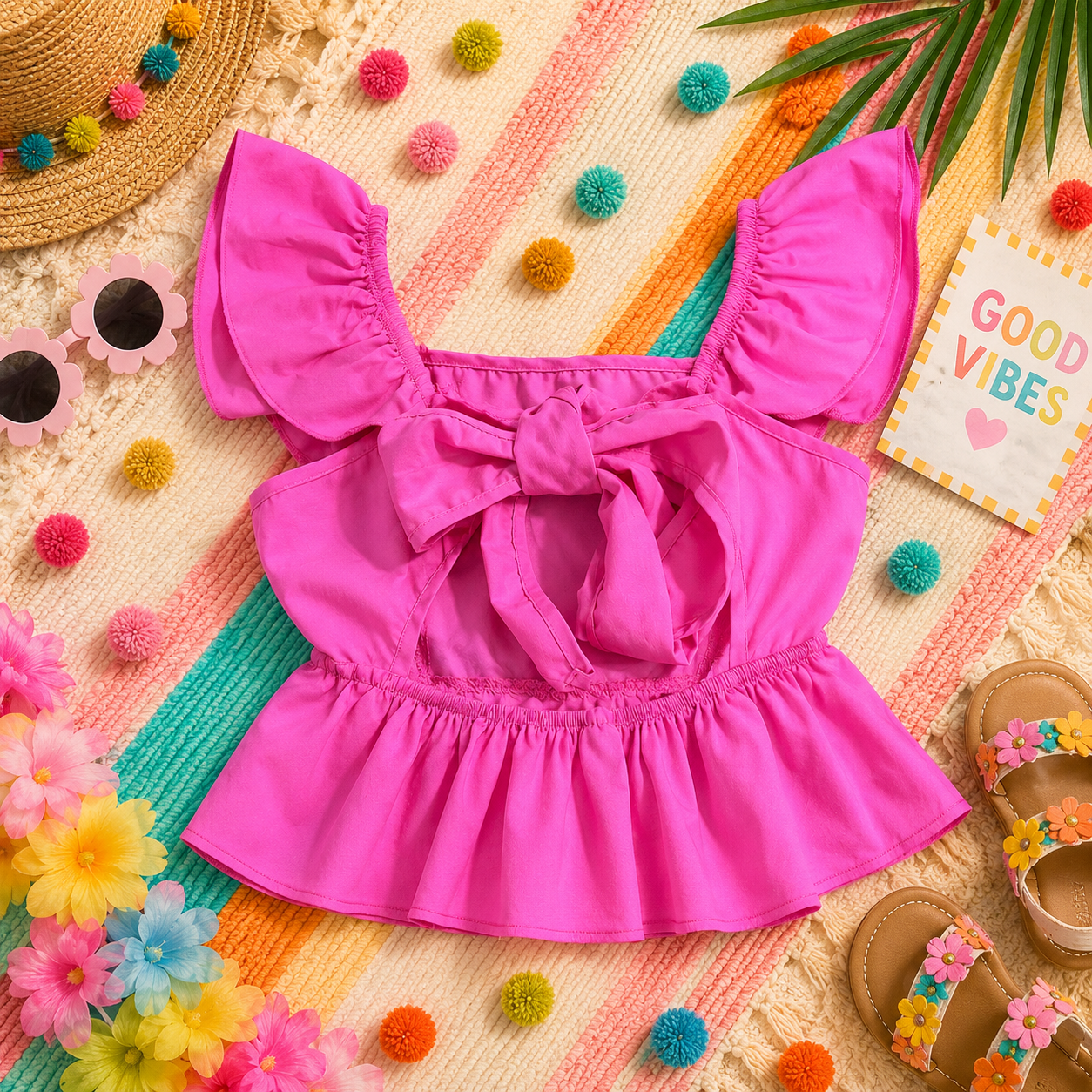 SHEIN Girls Hot Pink Bow-Back Peplum Top