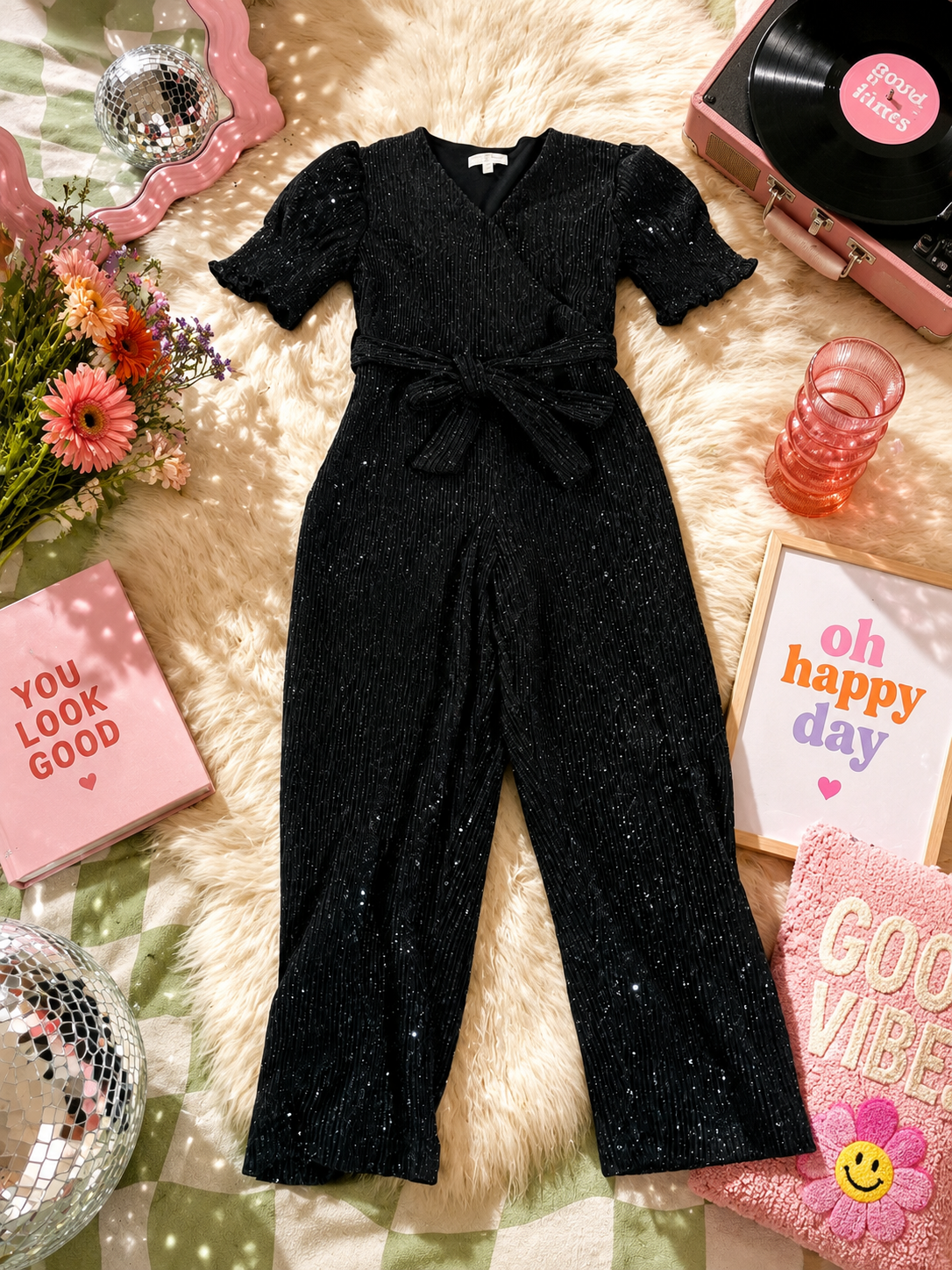 Chelsea & Violet Girls Black Sparkle Jumpsuit Size L