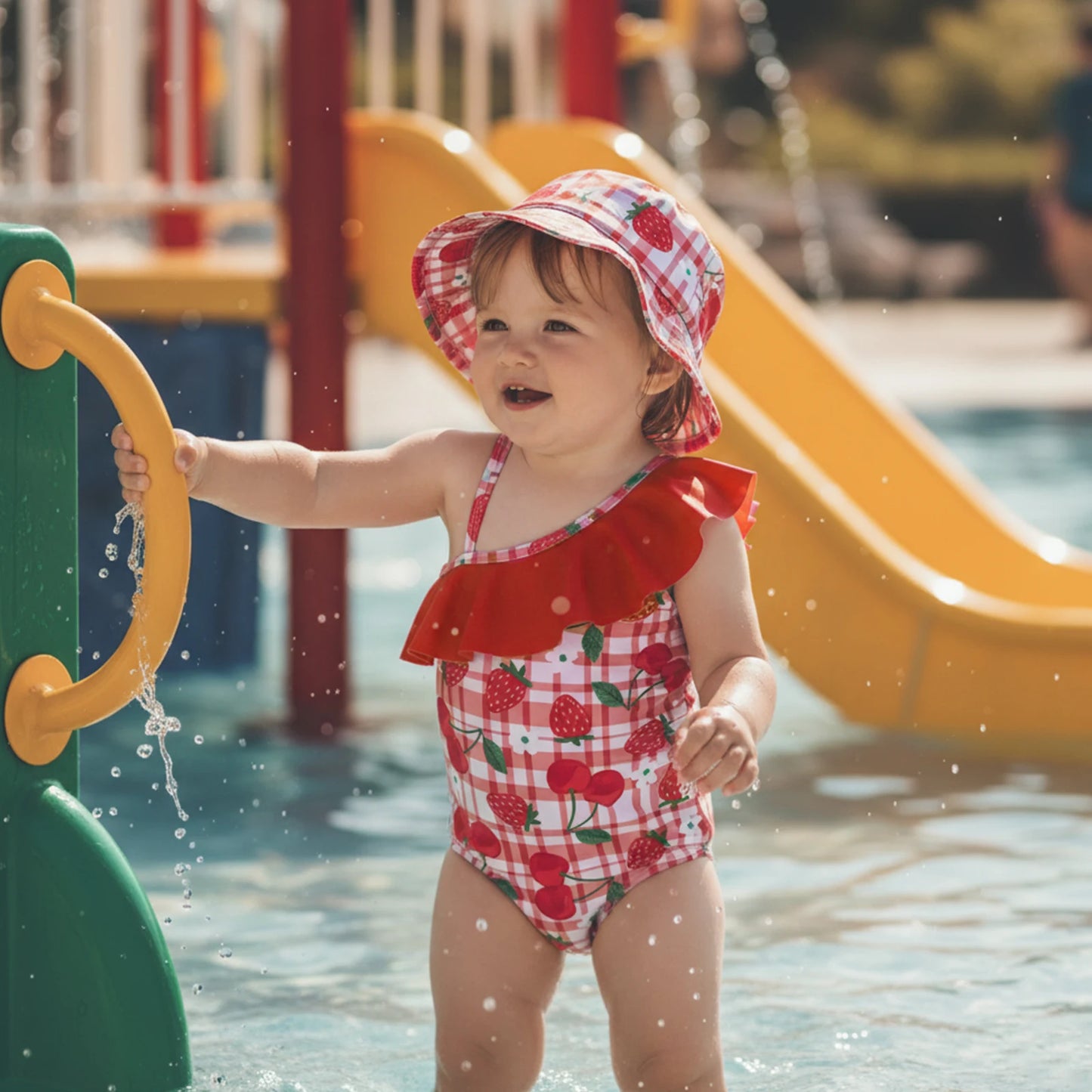 Toddler Baby Girls Swimsuit with Hat 2 Pcs Set Cherry Bow Strawberry Print Ruffled Trim Spaghetti Strap Sleeveless Swimwear