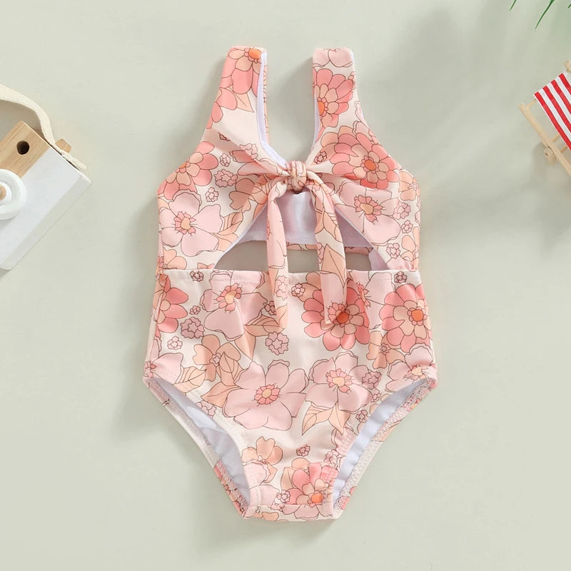 Toddler Baby Girls Swimsuit Summer Sleeveless Cute Floral/Shell Print Cutout Swimwear Swimming Pool Bathing Suit