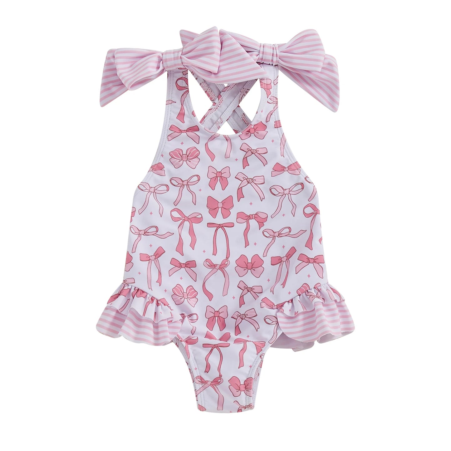 MISOWMNJOY Bows Kids Girls Swimsuit Princess Bowknot Print Ruffles Beachwear Sleeveless Cross Backless Summer Beach Bathing Suit