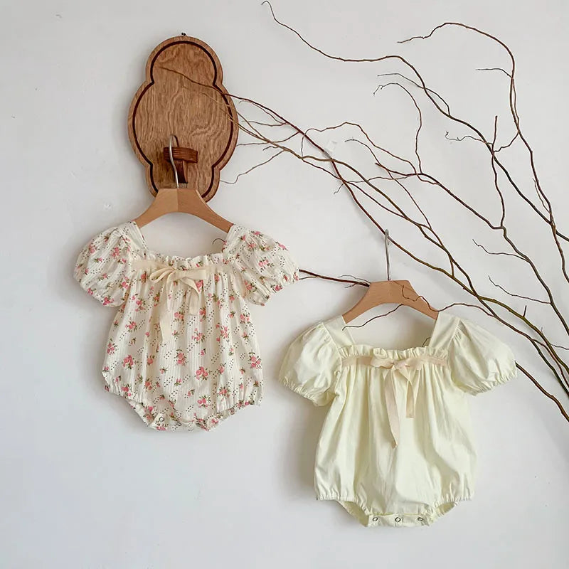 0-2 Years Old Newborn Baby Girl Summer Floral Puff Sleeve Romper with Bow-tie Princess Baby Rompers
