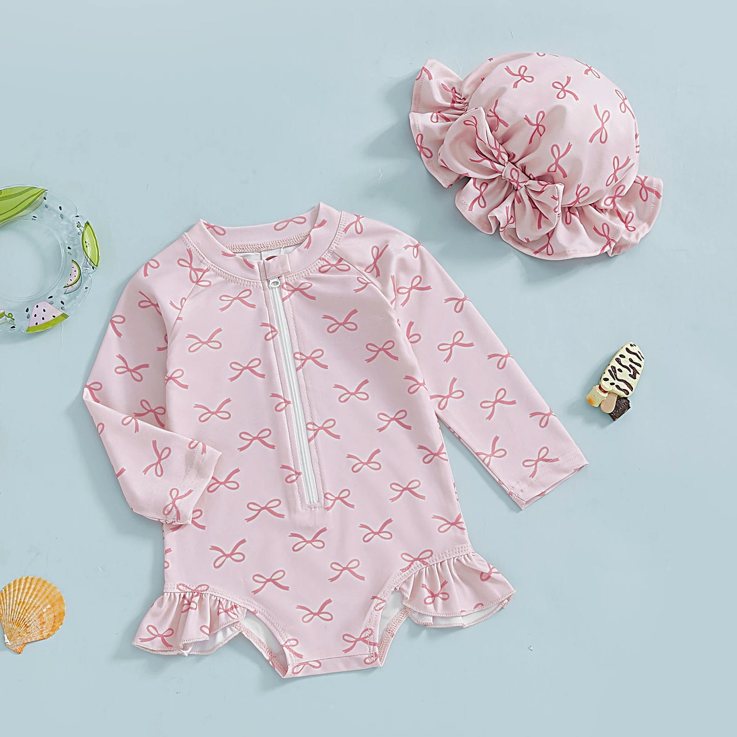 Toddler Baby Girl Rash Guard Swimsuit with Sun Hat 2 Piece Beachwear Children Long Sleeve Bow/Cherry Print Bathing Suit Swimwear