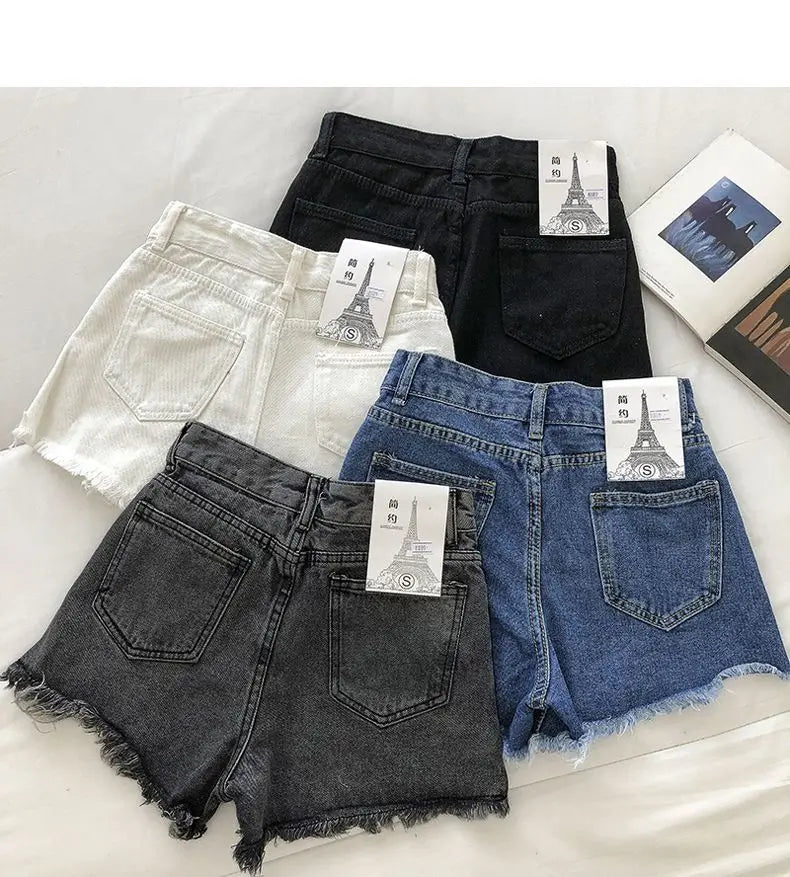 New Summer Women High Waist Raw Hem Denim Shorts