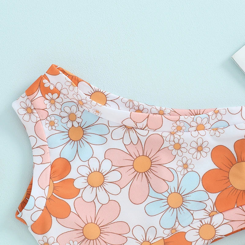 FOCUSNORM 0-4Y Toddler Kids Girls Swimsuit 2pcs Flowers Print One Shoulder Sleeveless Tops + Elastic Waist Swim Shorts