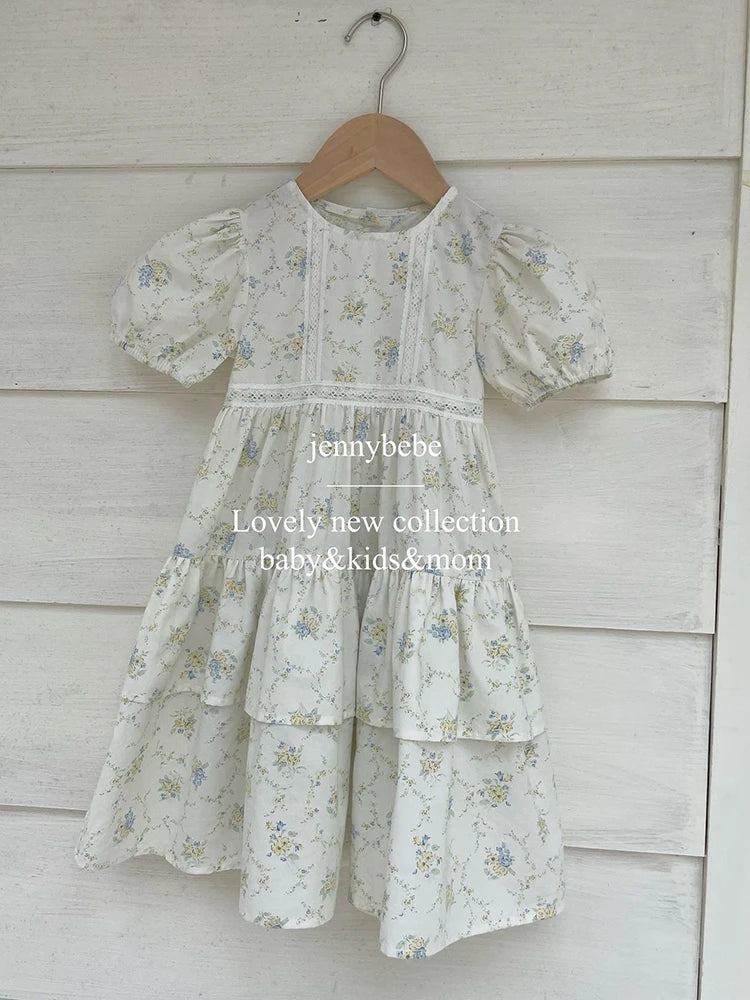 Girls Floral Lace Dress Ruffle Baby Romper Dress Summer Kids Short Sleeve Beach Dresses Toddler Bodysuit Sister Family Clothes