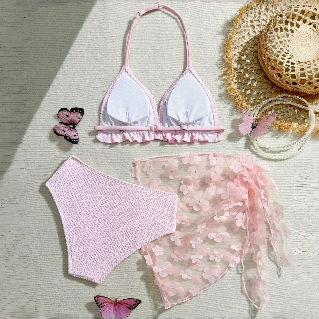 Tween And Teen Girl 3pcs Bikini Sets 3D Floral Mesh Beach Skirt 7-16 Years Kids Girl Swimsuit Cute Casual Big Girl Bathing Suit