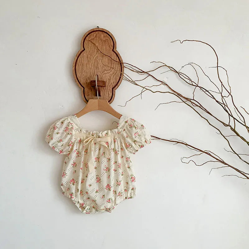 0-2 Years Old Newborn Baby Girl Summer Floral Puff Sleeve Romper with Bow-tie Princess Baby Rompers
