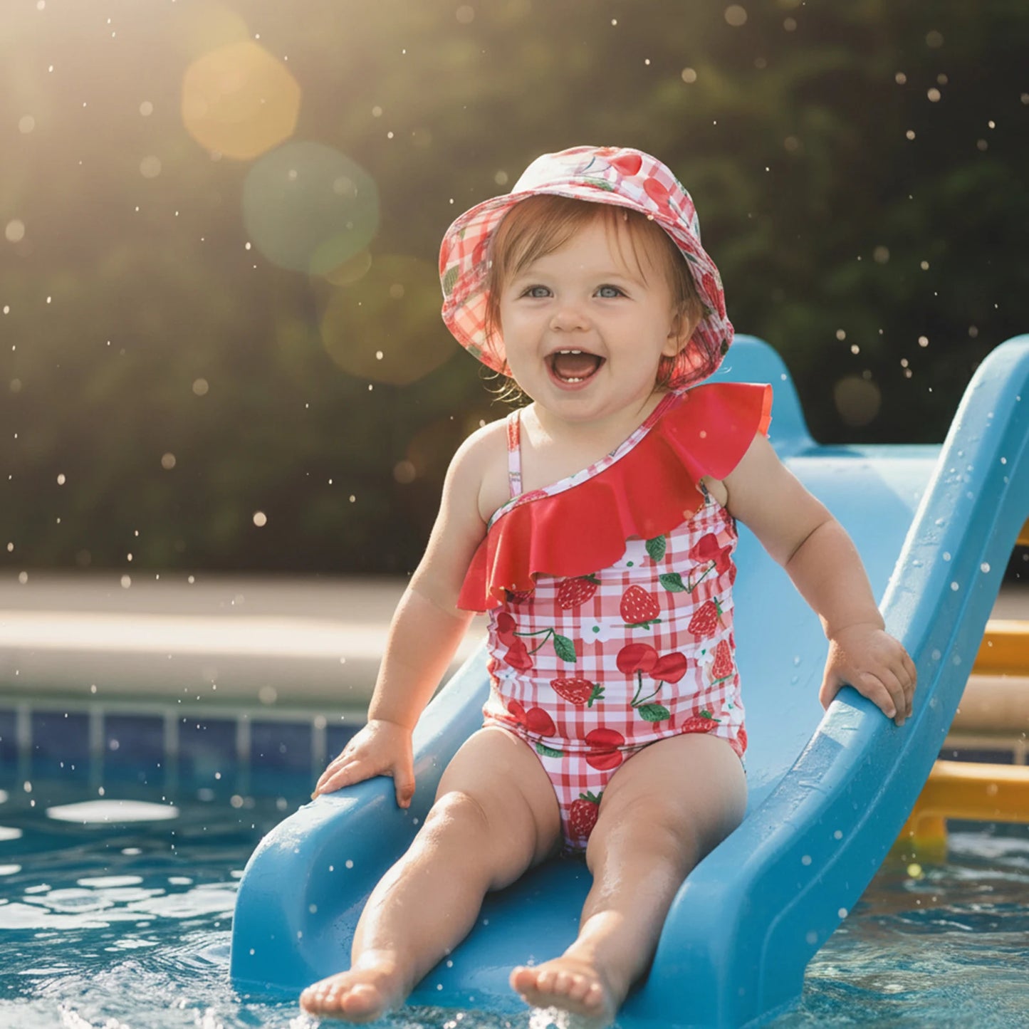 Toddler Baby Girls Swimsuit with Hat 2 Pcs Set Cherry Bow Strawberry Print Ruffled Trim Spaghetti Strap Sleeveless Swimwear