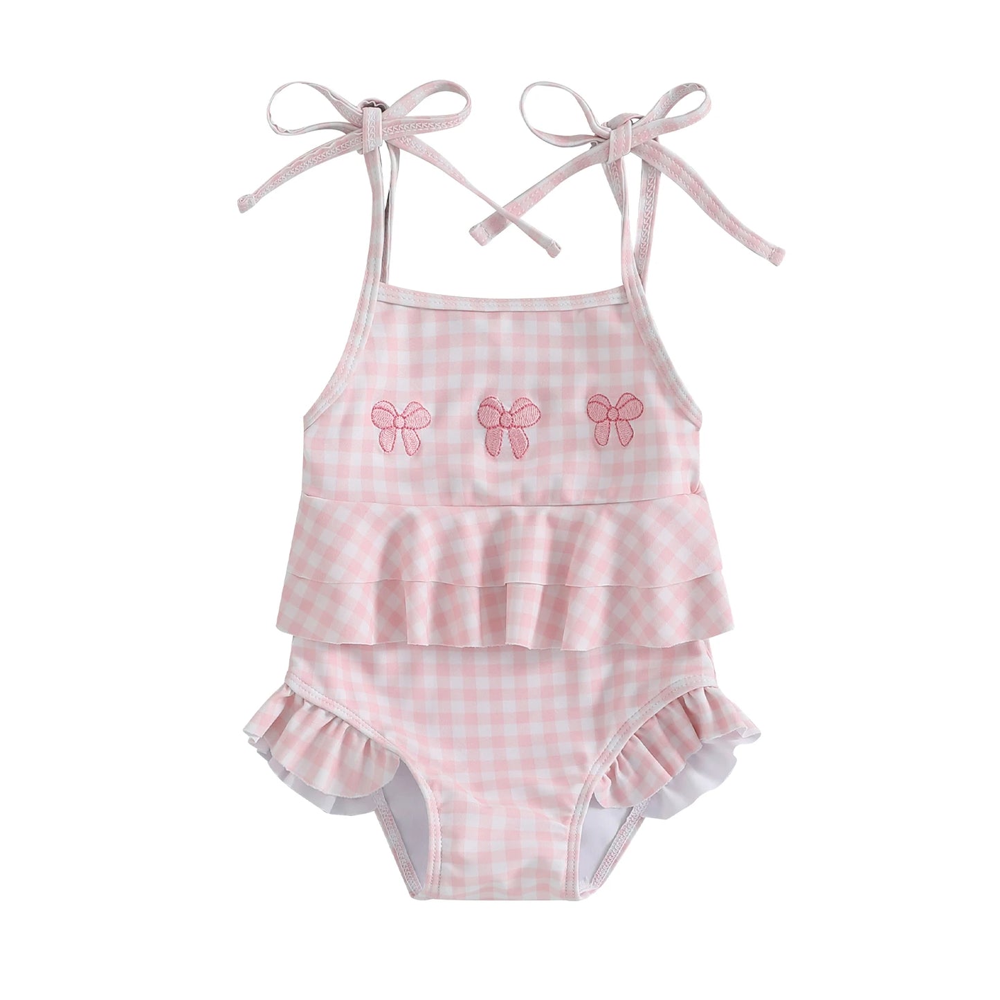 MISOWMNJOY Baby Strap Beachwear for Girls Swimsuit Cute Spaghetti Straps Tie-up Embroidery Bow Plaid Kids Swimming Bathing Suit