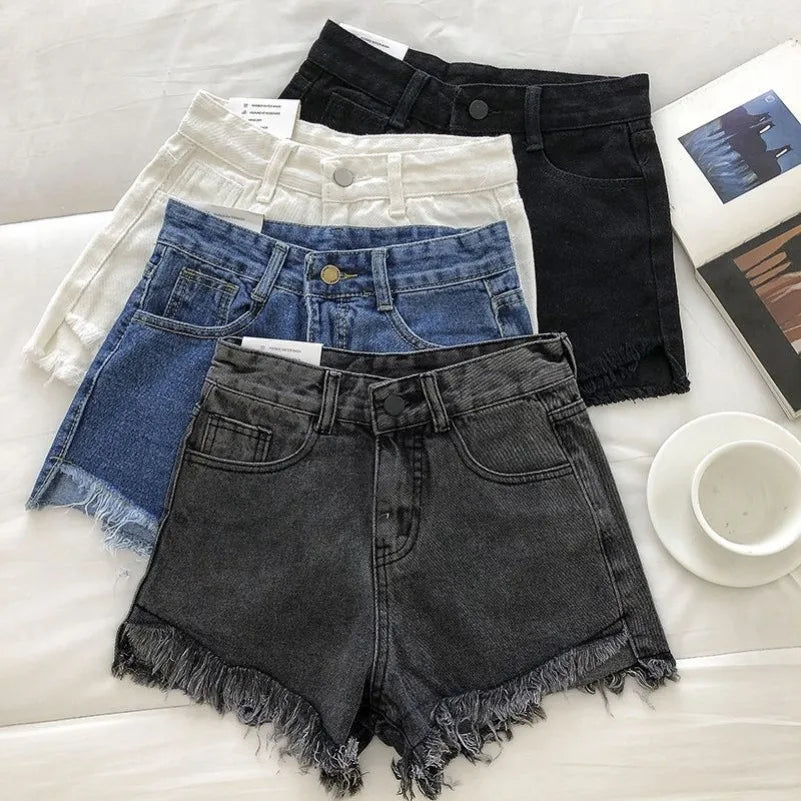 New Summer Women High Waist Raw Hem Denim Shorts
