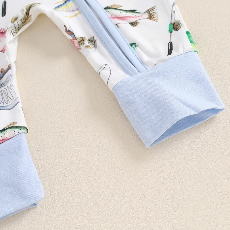 Casual Romper Long Sleeve Crew Neck Fish Print Oblique Zipper Jumpsuit