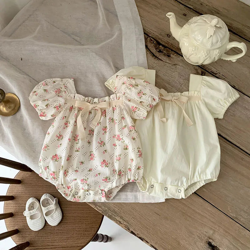 0-2 Years Old Newborn Baby Girl Summer Floral Puff Sleeve Romper with Bow-tie Princess Baby Rompers