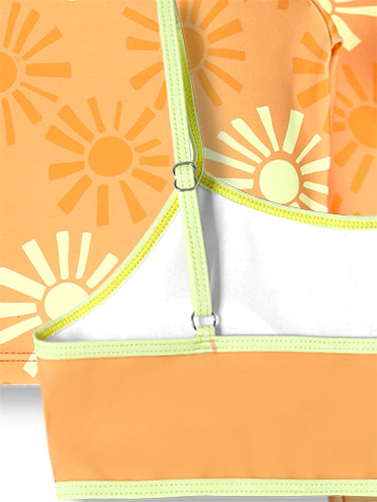 Bikini Kids Girls Swimsuit 2026 New Yellow Print Bikini Set Children Swimsuit Summer Long Sleeves Three Piece Beach Bathing Suit