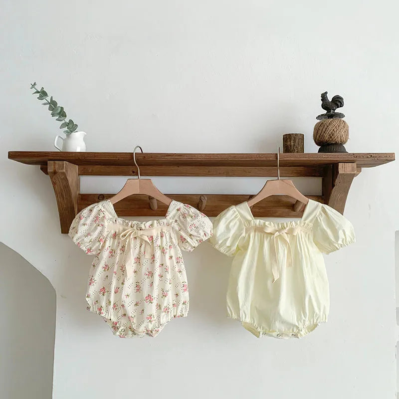 0-2 Years Old Newborn Baby Girl Summer Floral Puff Sleeve Romper with Bow-tie Princess Baby Rompers