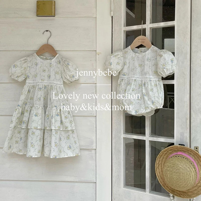 Girls Floral Lace Dress Ruffle Baby Romper Dress Summer Kids Short Sleeve Beach Dresses Toddler Bodysuit Sister Family Clothes