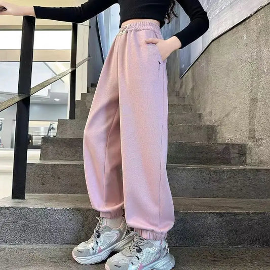 Spring Autumn Tween Girls Casual Sportswear Pants with Elastic Ankles, All-Season Gym Sweatpants for Kids