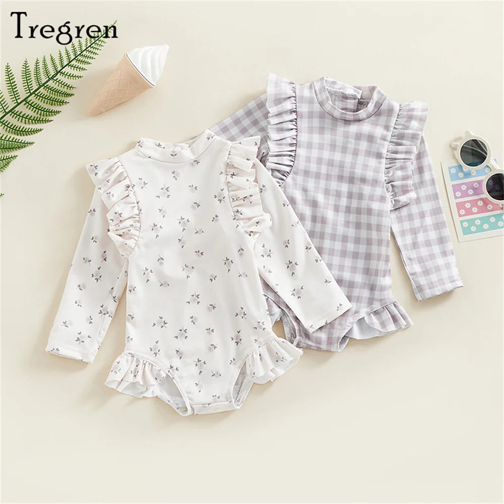 Tregren Kids Baby Girls Swimsuit Sweet Long Sleeve Crew Neck Floral Plaid Swimwear Summer Bathing Suit Swimming Pool Beachwear