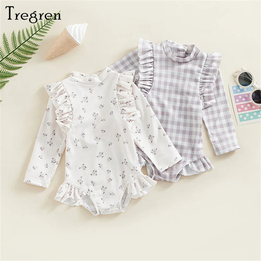 Tregren Kids Baby Girls Swimsuit Sweet Long Sleeve Crew Neck Floral Plaid Swimwear Summer Bathing Suit Swimming Pool Beachwear