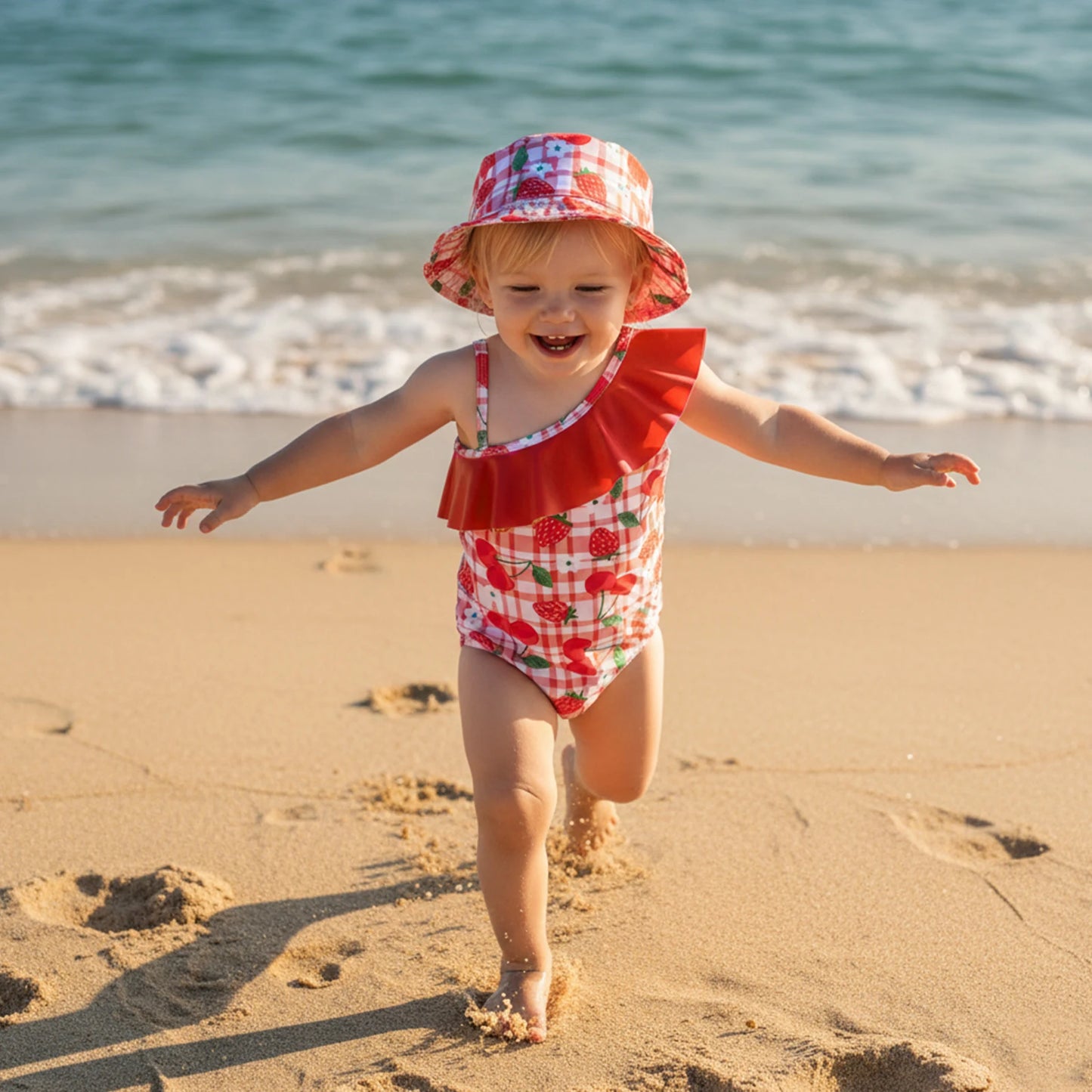 Toddler Baby Girls Swimsuit with Hat 2 Pcs Set Cherry Bow Strawberry Print Ruffled Trim Spaghetti Strap Sleeveless Swimwear