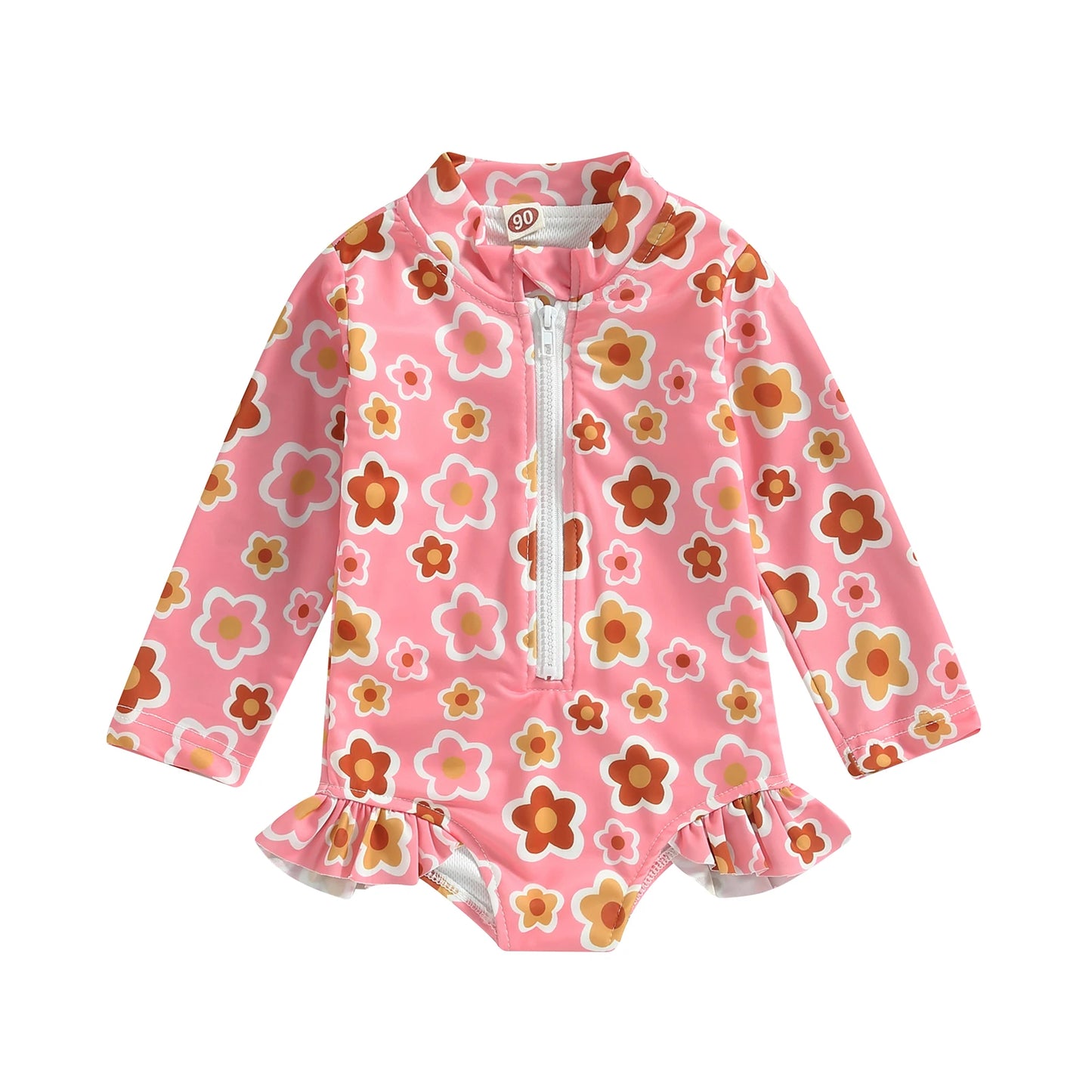Tregren 1-5Y Toddler Kid Baby Girls Swimsuit Children Floral Print Zipper Swimwear Long Sleeve Beachwear Summer Bathing Suit