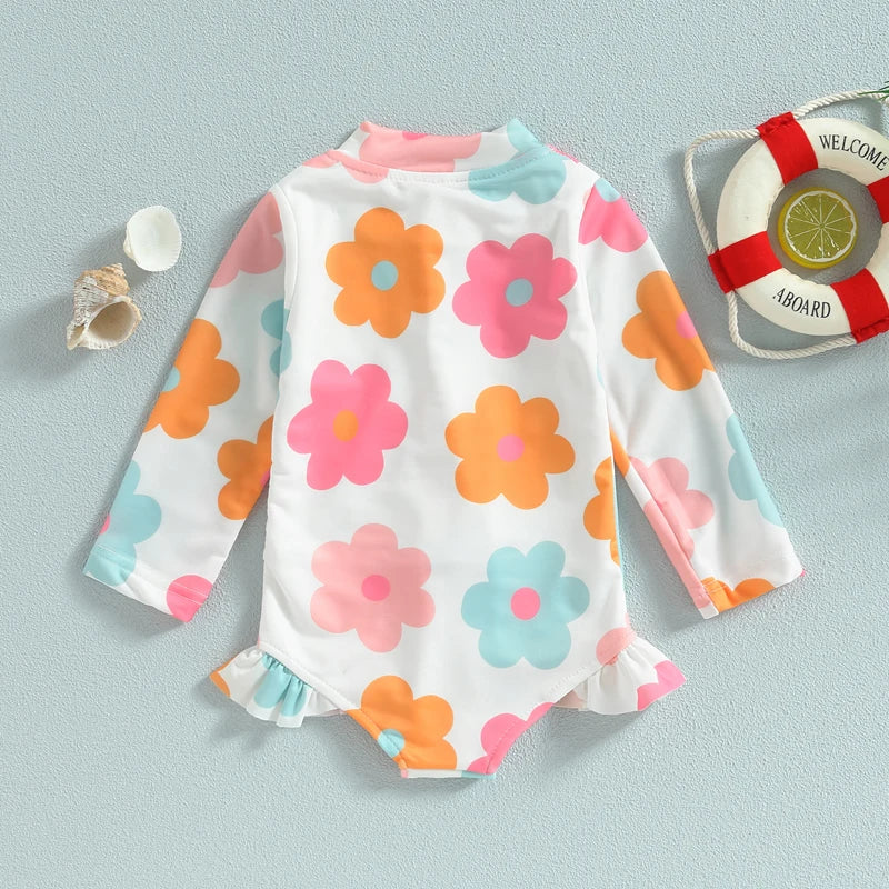 Tregren 1-5Y Toddler Kid Baby Girls Swimsuit Children Floral Print Zipper Swimwear Long Sleeve Beachwear Summer Bathing Suit
