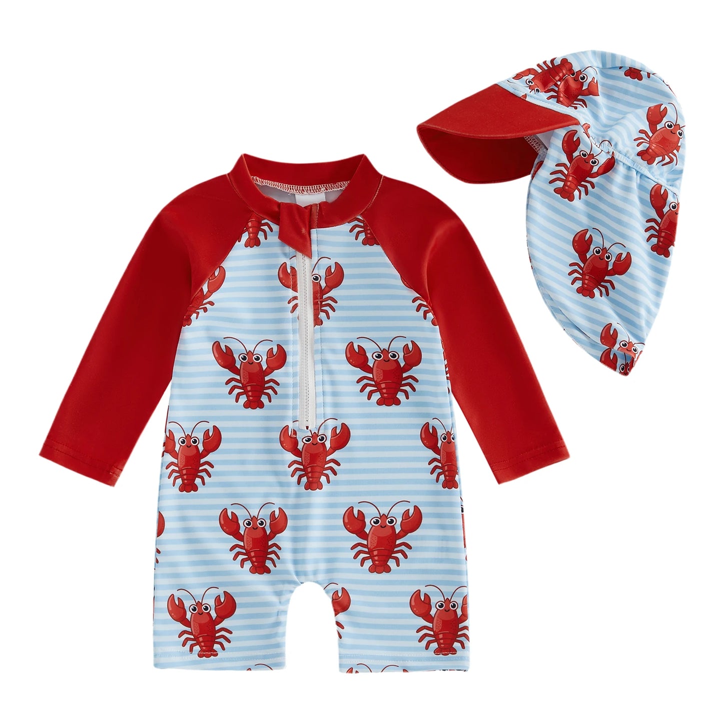 2Pcs Toddler Baby Boys Swimsuit Set Crew Neck Long Sleeve Lobster Print Upper Zipper Rash Guard Swimwear and Sun Hat