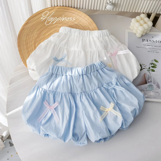 Little girl summer shorts small fresh solid color bow flower bud pants for women's treasure sweet versatile pants